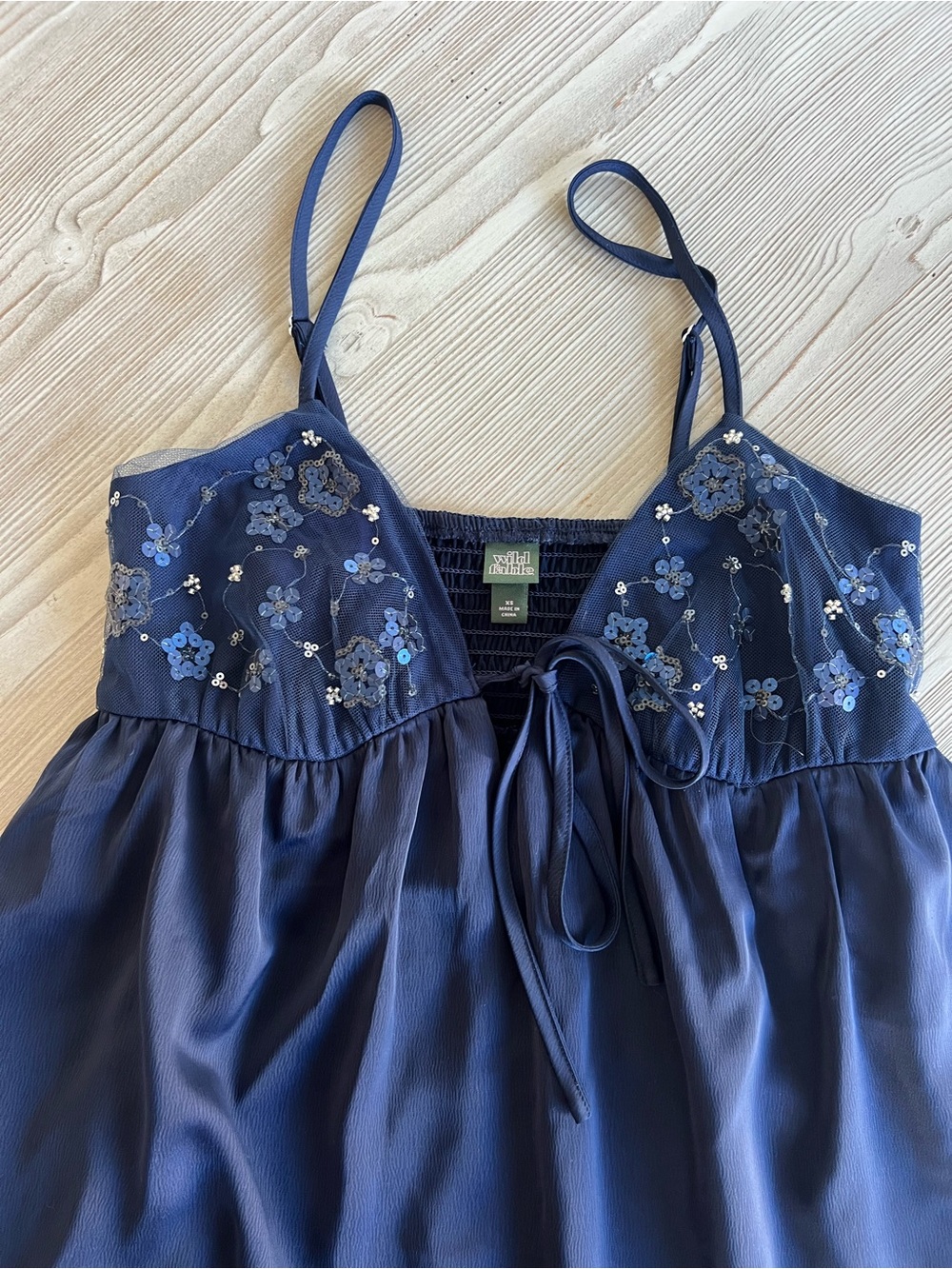 Navy Embroidered Satin Chemise with Adjustable Spaghetti Straps - Picture 2 of 9